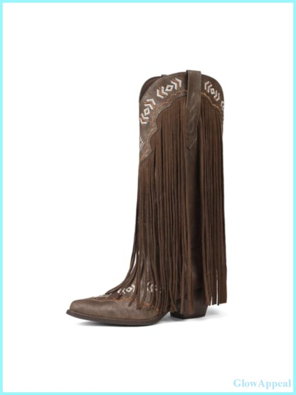 Faux Leather Knee High Western Boots Pointed Toe Block Heel Fringe